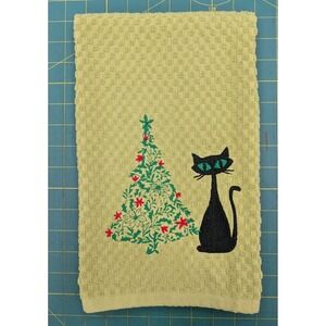 Retro Vintage Christmas Atomic Cat Mid Century Modern Kitchen Tea Towel Green